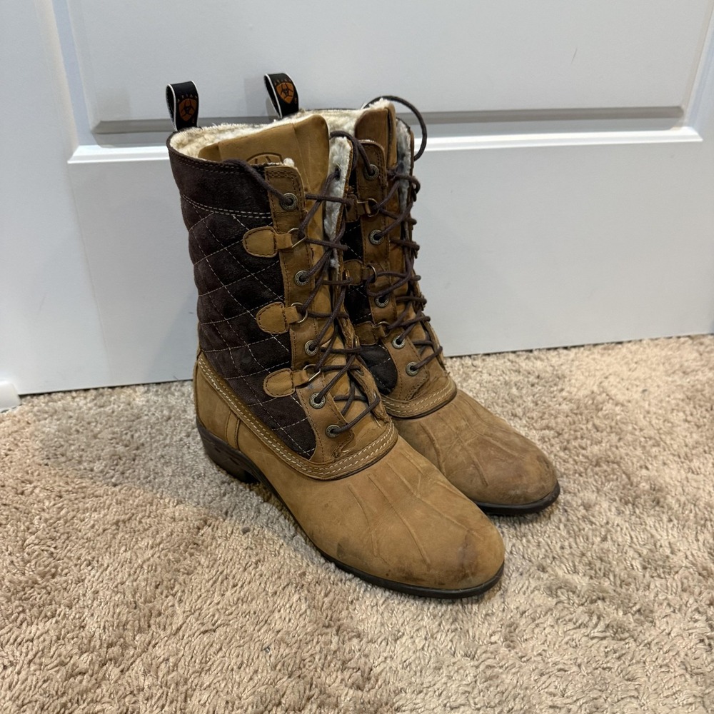 Ariat Snow Boots Womens Size 8B Brown Leather Faux Fur Lined Quilted 10010184 - Picture 3 of 6